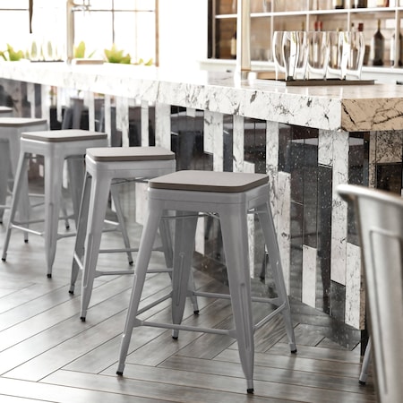 Flash Furniture 24" Silver Metal Stool-Gray Poly Seat CH-31320-24-SIL-PL2G-GG